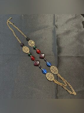 Chico's Gold-Tone Filigree Necklace with Red, Blue & Green Beads